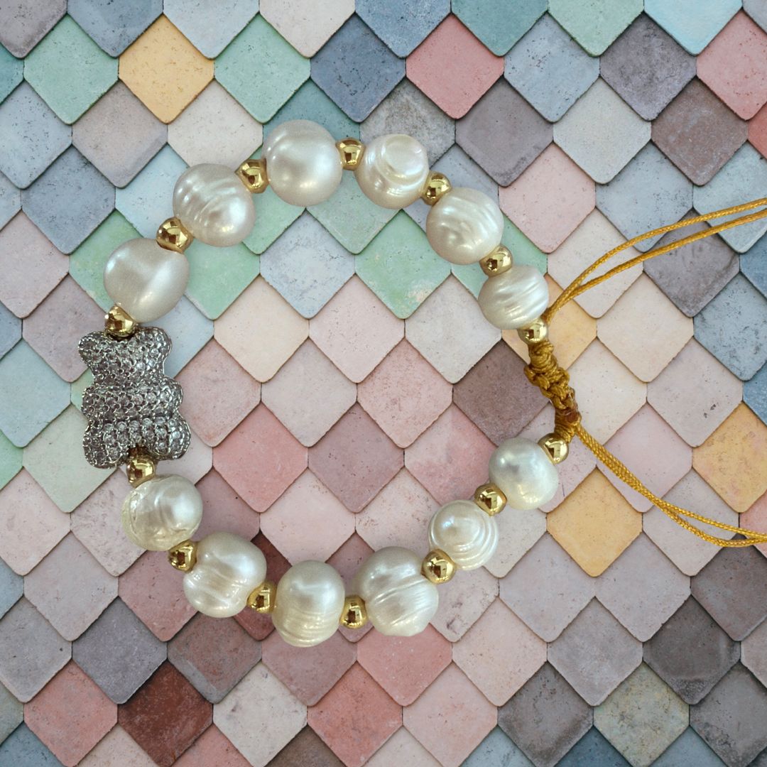 Adjustable Bear Bracelet with Pearls